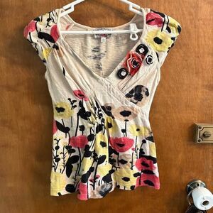 Yoana Baraschi Cream Floral Print Short Sleeve Blouse with Red & Yellow Accents